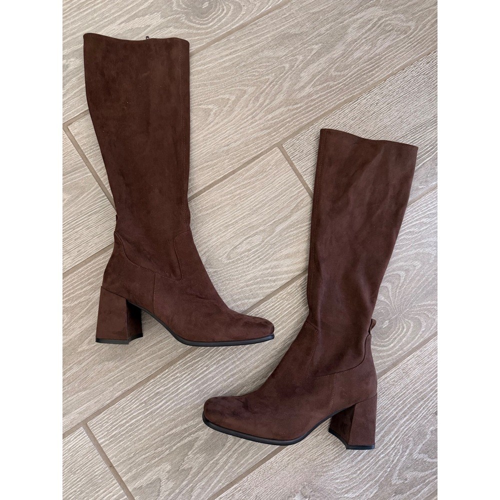 Jeffrey Campbell Hotlava-K2 Brown Faux Suede Square Toe Block Heel Boots 8.5